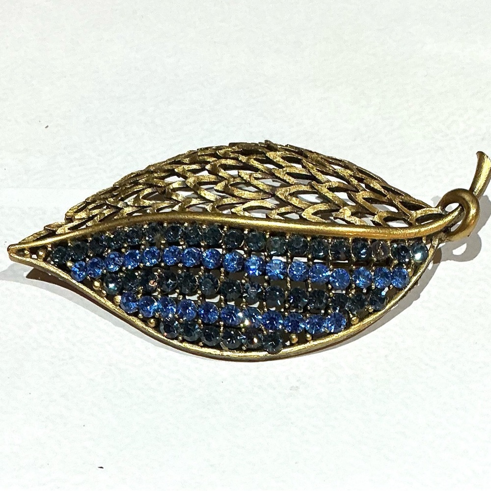 Vintage Elegant Gold Tone and Blue Rhinestones JJ Jonette Leaf Brooch